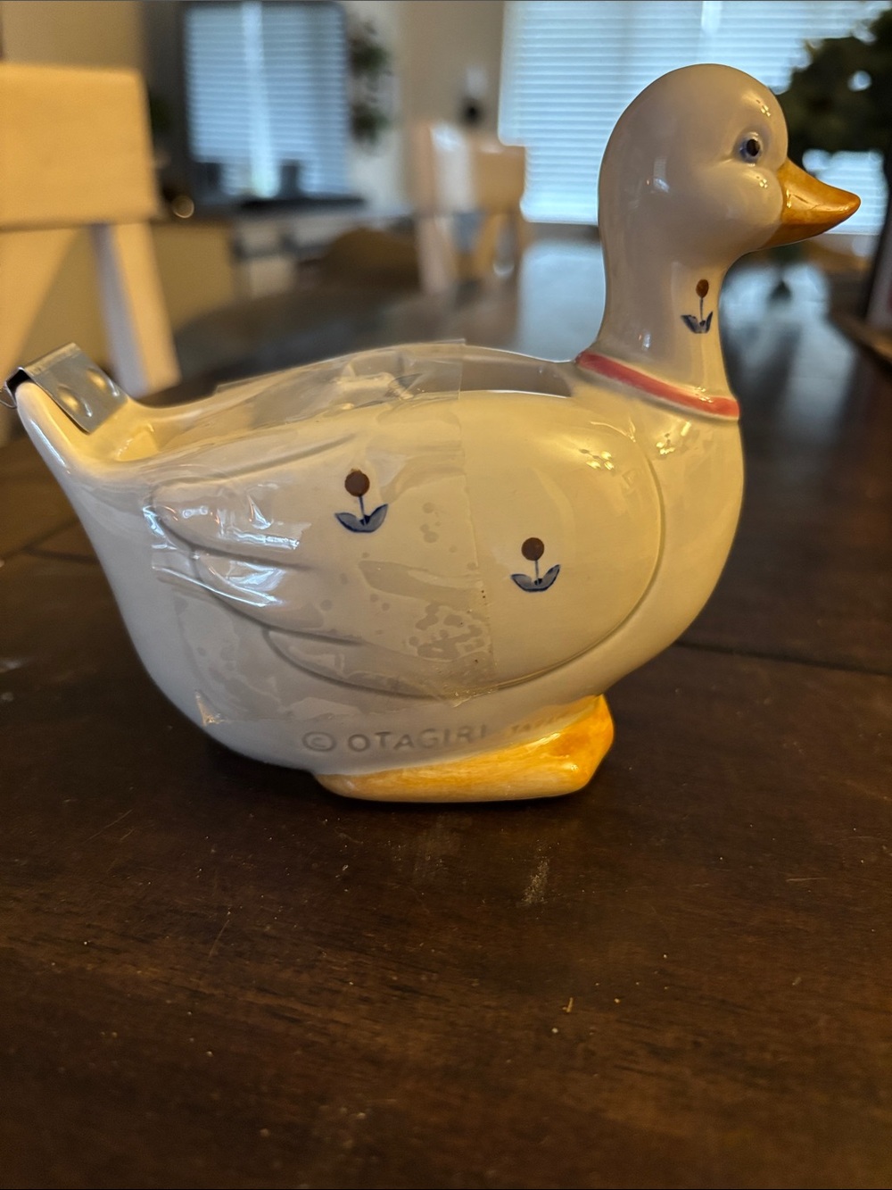 Otagiri Cream Ceramic Duck with Blue Floral Accents and Yellow Beak